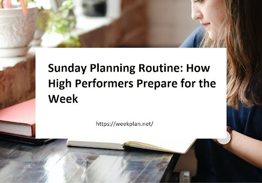 Woman sitting at a desk with planners and notebooks practising a Sunday planning routine for high performers.